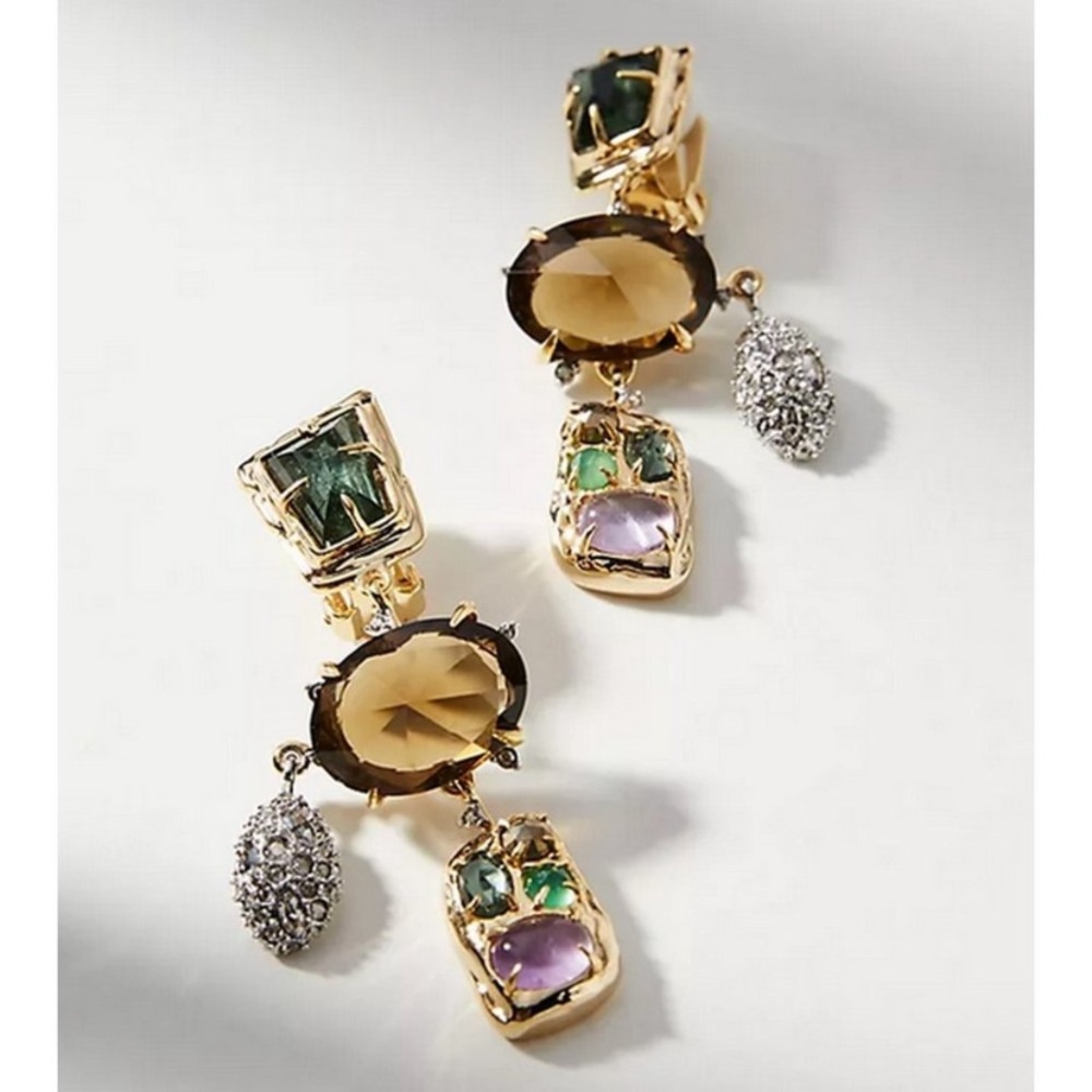 ALEXIS BITTAR • NEW Gold Silver Gemstone Charm Amethyst Clip Dangling Earrings